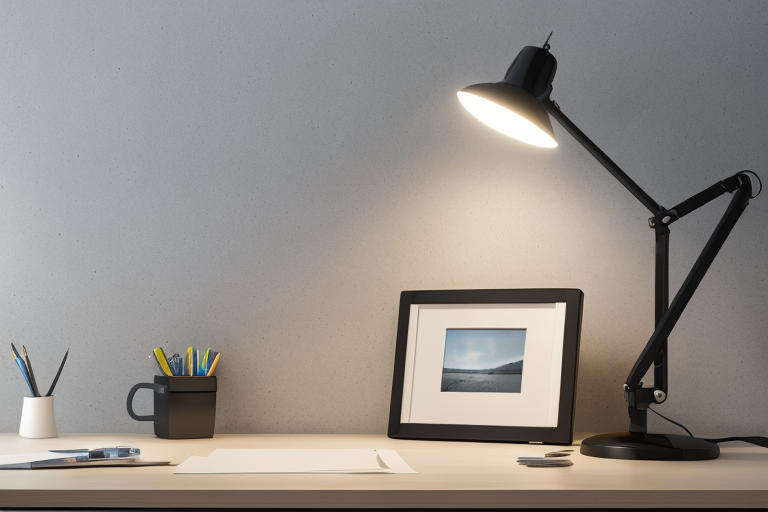 A desk with various office supplies on it.