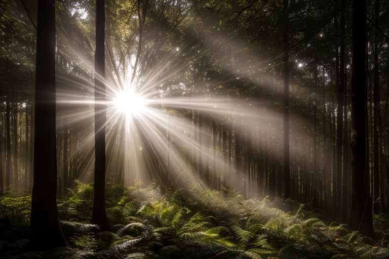 The sun shining in a forest.