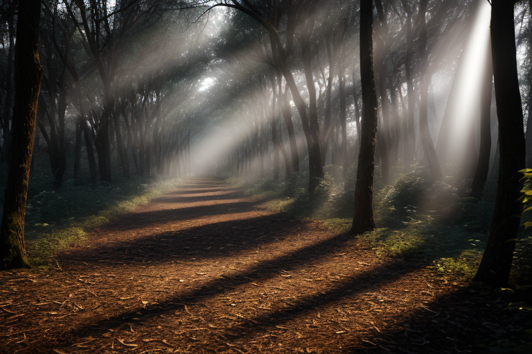 The sun shining in a forest.