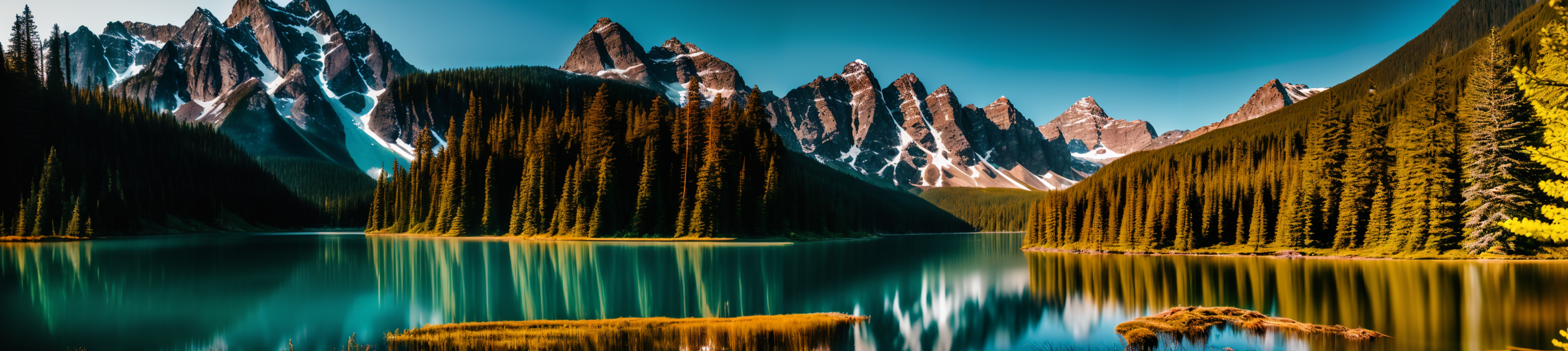 An view of a lake in a mountainous forest.